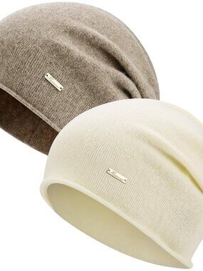 Unisex Brown & White 100% Wool Warm Knit Pull-On Winter Slouchy Skull Beanie Cap